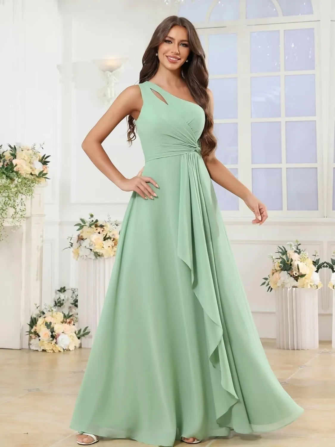 BANTRATIC One Shoulder Chiffon Bridesmaid Dress Ruffle Slit Maxi Wedding Guest Empire Waist Ruched Flowy Formal Evening Gown