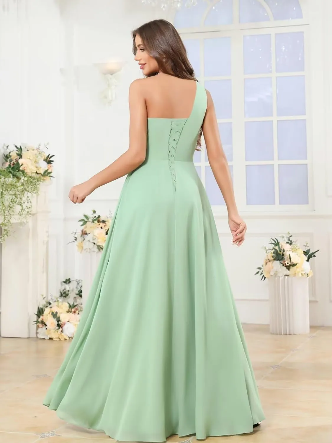 BANTRATIC One Shoulder Chiffon Bridesmaid Dress Ruffle Slit Maxi Wedding Guest Empire Waist Ruched Flowy Formal Evening Gown