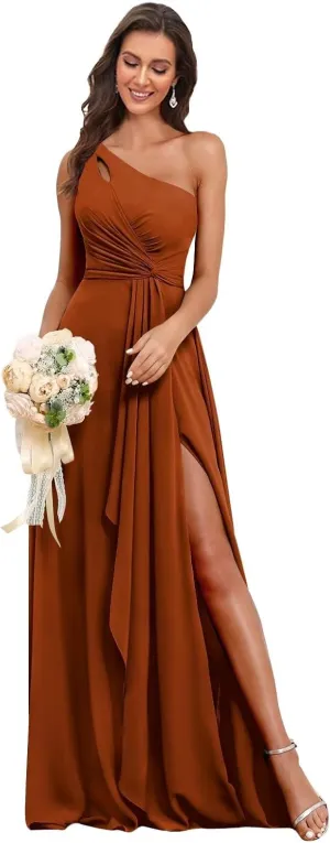 BANTRATIC One Shoulder Chiffon Bridesmaid Dress Ruffle Slit Maxi Wedding Guest Empire Waist Ruched Flowy Formal Evening Gown