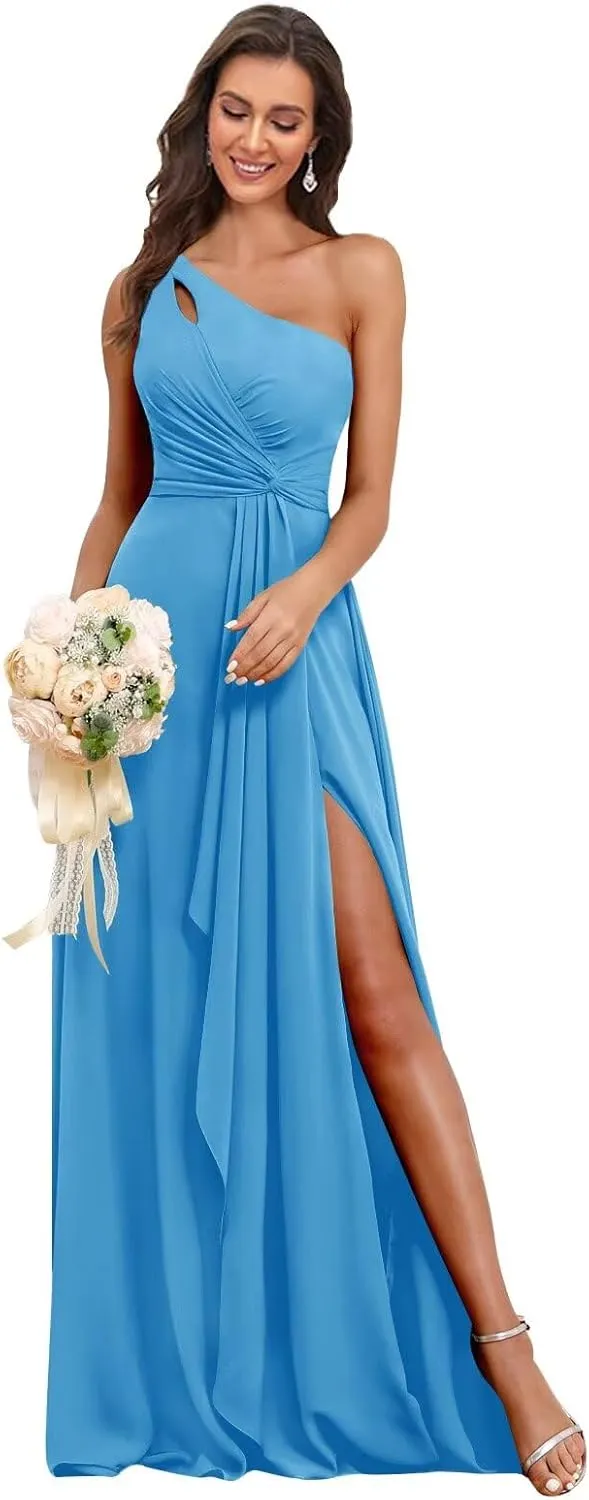 BANTRATIC One Shoulder Chiffon Bridesmaid Dress Ruffle Slit Maxi Wedding Guest Empire Waist Ruched Flowy Formal Evening Gown