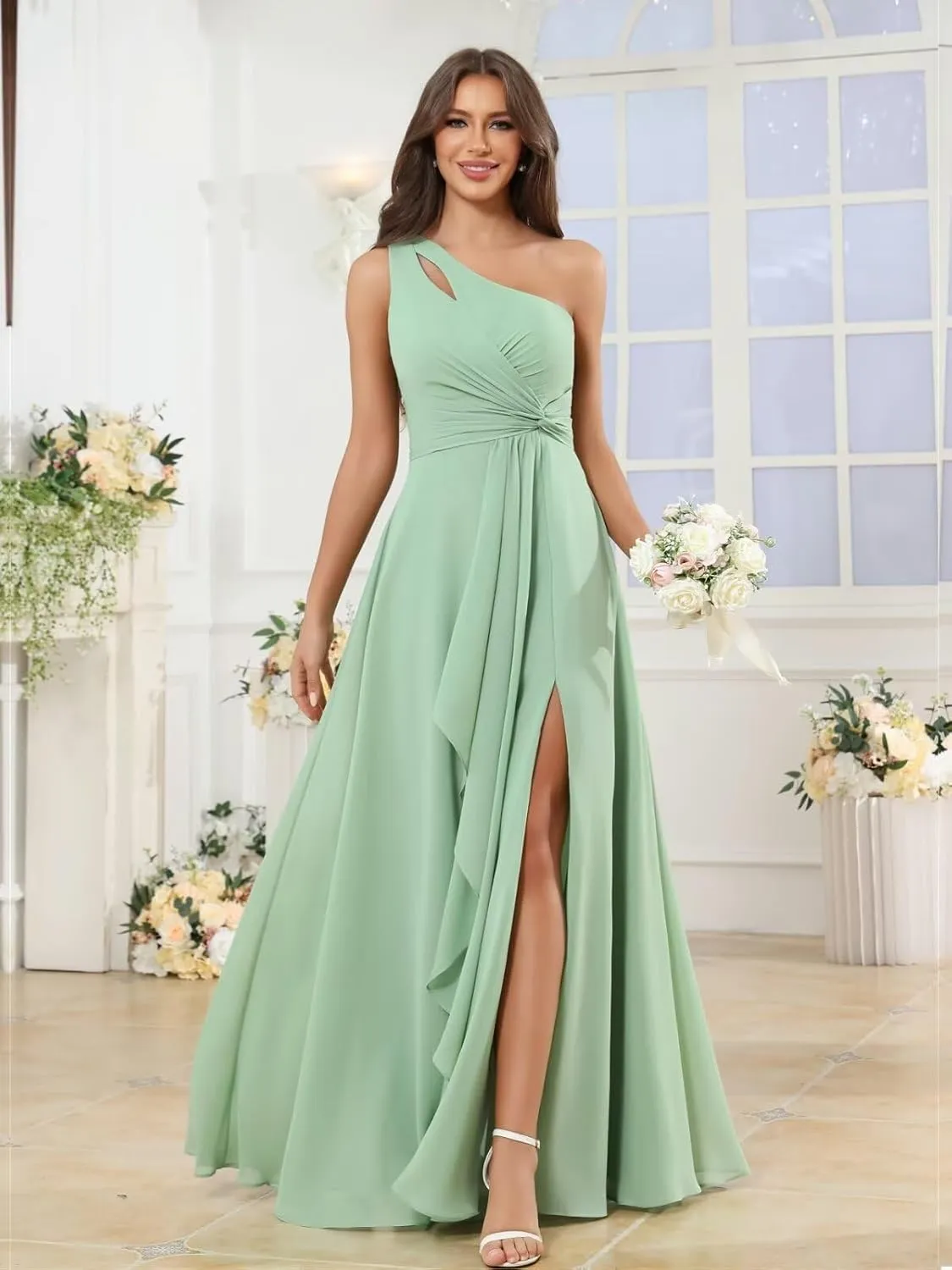 BANTRATIC One Shoulder Chiffon Bridesmaid Dress Ruffle Slit Maxi Wedding Guest Empire Waist Ruched Flowy Formal Evening Gown