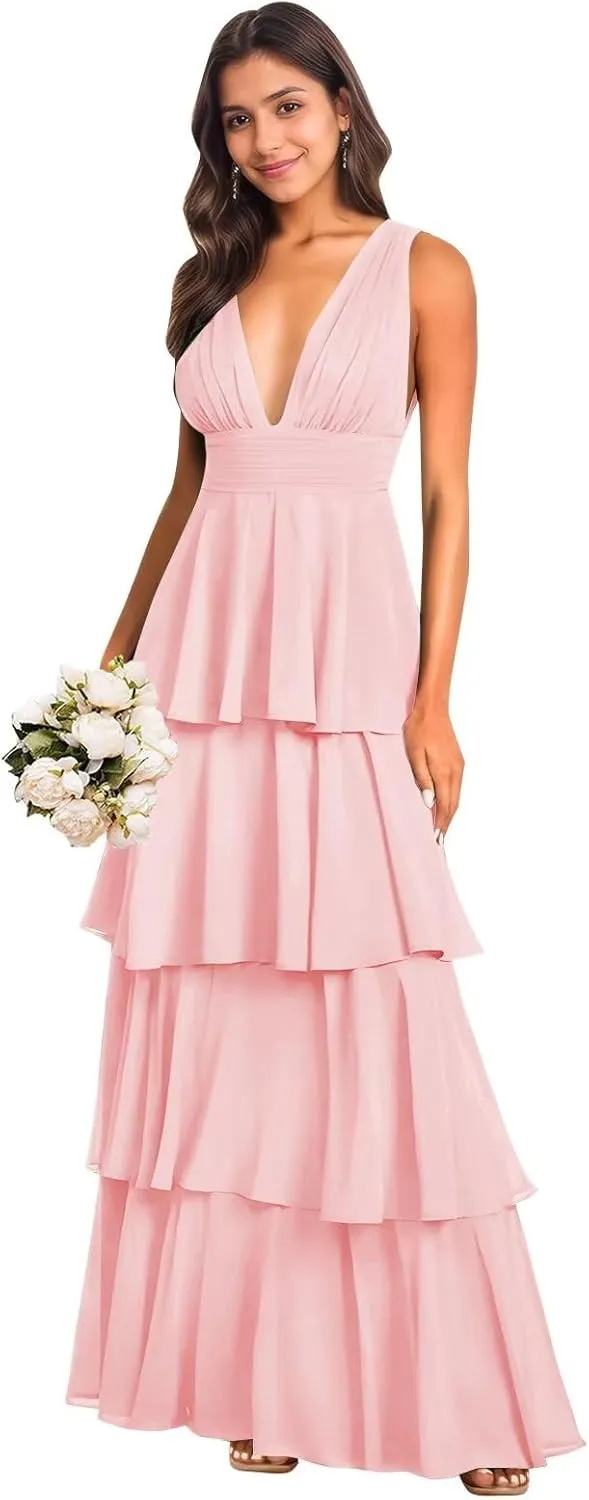 BANTRATIC Ruffle Tiered Bridesmaid Dress for Women Deep V-Neck Empire Long Chiffon Formal Wedding Guest Evening Prom Gown