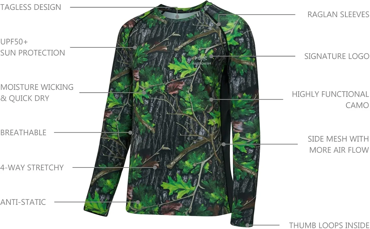 BASSDASH Men's Hunting Camo Performance Long Sleeve Shirt Fishing UPF50  FS13M