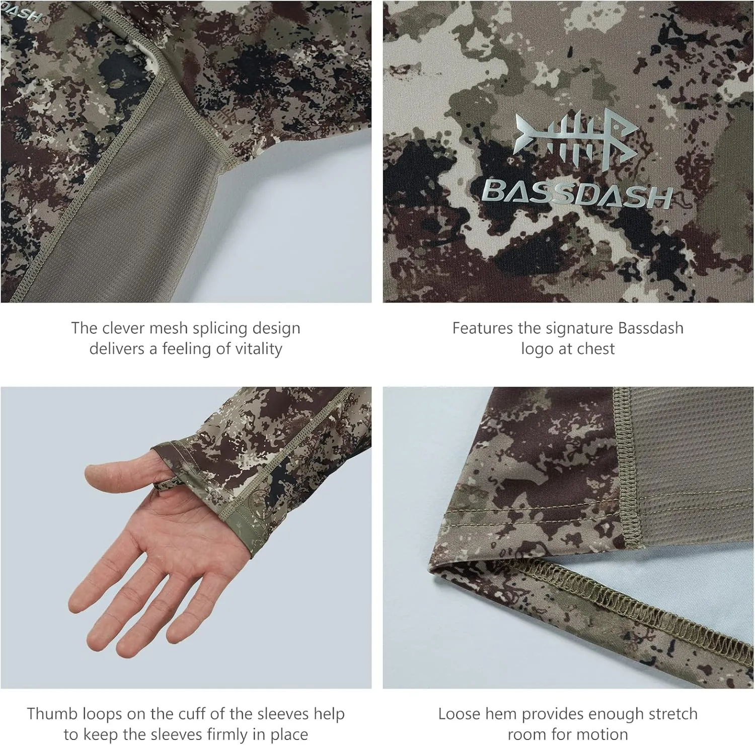 BASSDASH Men's Hunting Camo Performance Long Sleeve Shirt Fishing UPF50  FS13M