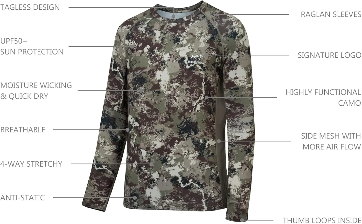 BASSDASH Men's Hunting Camo Performance Long Sleeve Shirt Fishing UPF50  FS13M