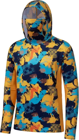 BASSDASH Mens UPF 50  Fishing Hiking Camo Hoodie Shirt with Face Mask Lightweight Neck Gaiter Long Sleeve