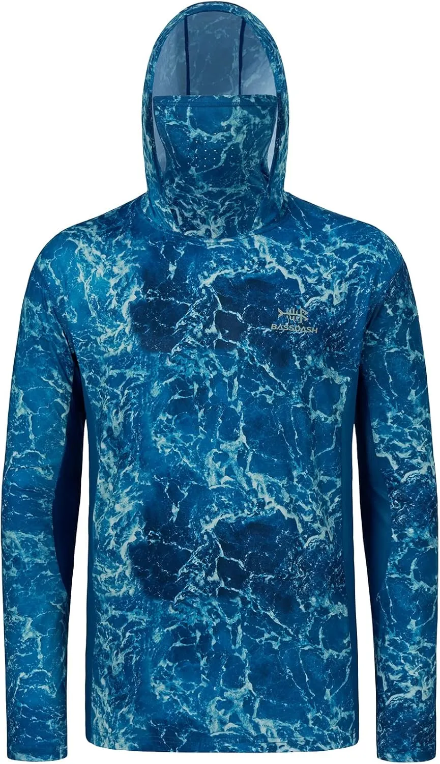 BASSDASH Mens UPF 50  Fishing Hiking Camo Hoodie Shirt with Face Mask Lightweight Neck Gaiter Long Sleeve