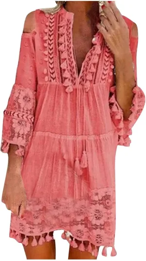 Beach Dresses for Women Vacation Floral Shirt Beach Cover Up Dress 3/4 Sleeve Boho Tassel Tie Neck Dresses Sundresses