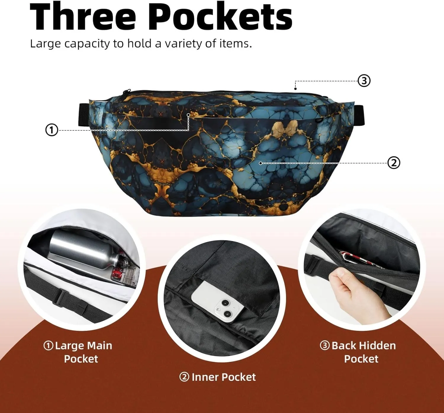 Black Gold Marbled Unisex Fanny Pack  Ideal for Travel, Running, Hiking, Walking, Workout, Fashionable & Large Capacity
