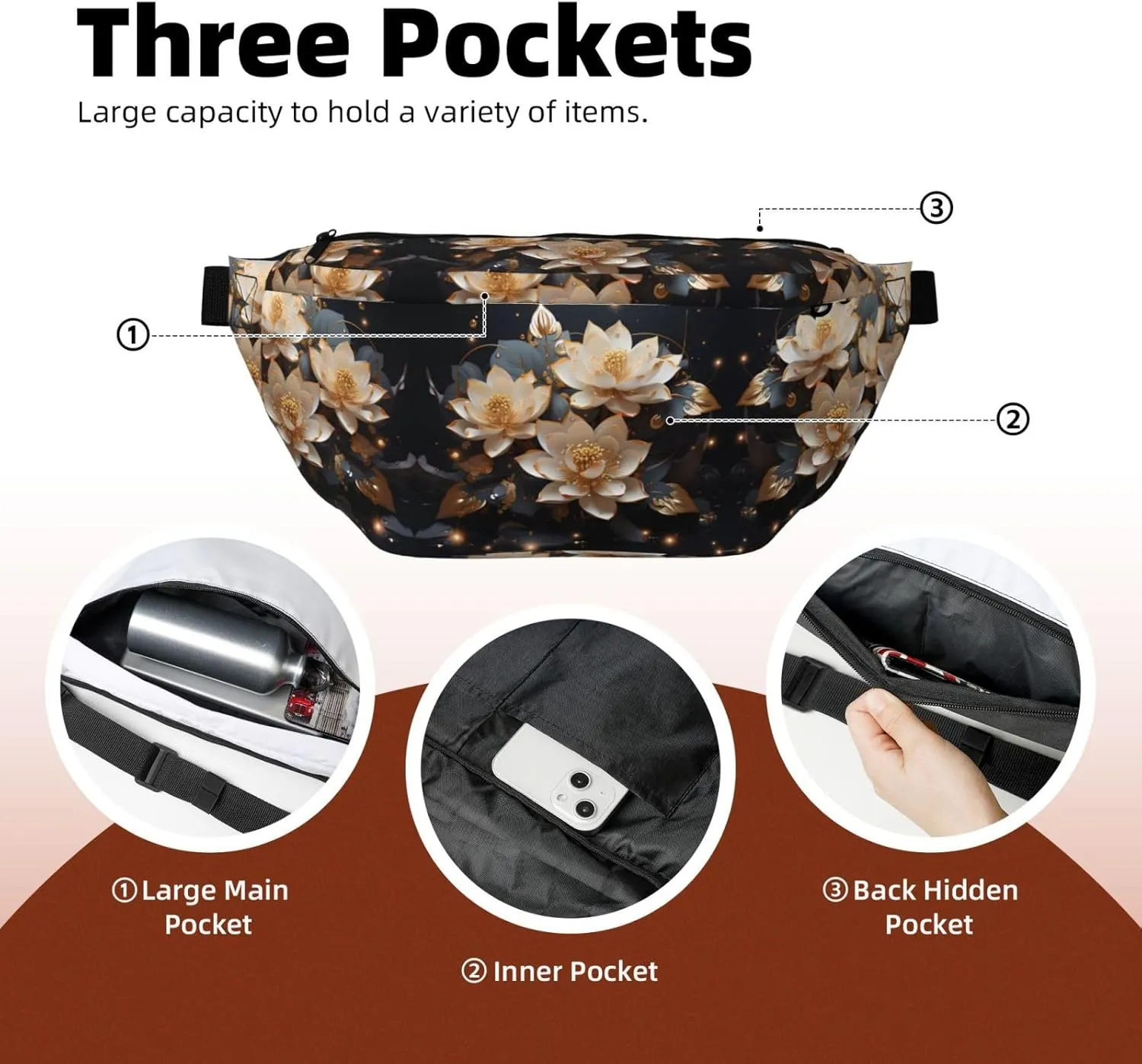 Bohemian Golden Lotus Unisex Fanny Pack  Ideal for Travel, Running, Hiking, Walking, Workout, Fashionable & Large Capacity
