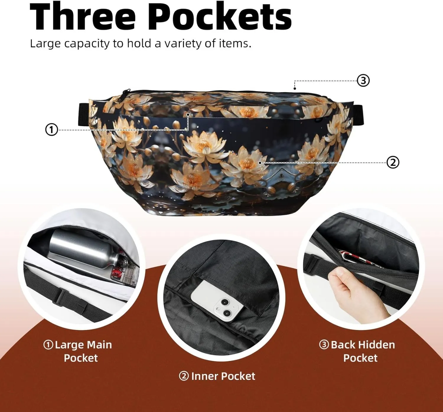 Bohemian White Lotus Unisex Fanny Pack  Ideal for Travel, Running, Hiking, Walking, Workout, Fashionable & Large Capacity