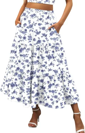 Boho Tiered Maxi Skirt Women Flowy Summer Beach Skirts Elastic Waistband Midi Skirt Floral Pleated A Line Skirt with Pockets