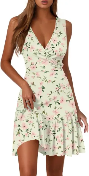 Boho V Neck Dresses for Women 2025 Summer A Line Floral Dress Short Wrap Sleeveless Party Cocktail Midi Sundress