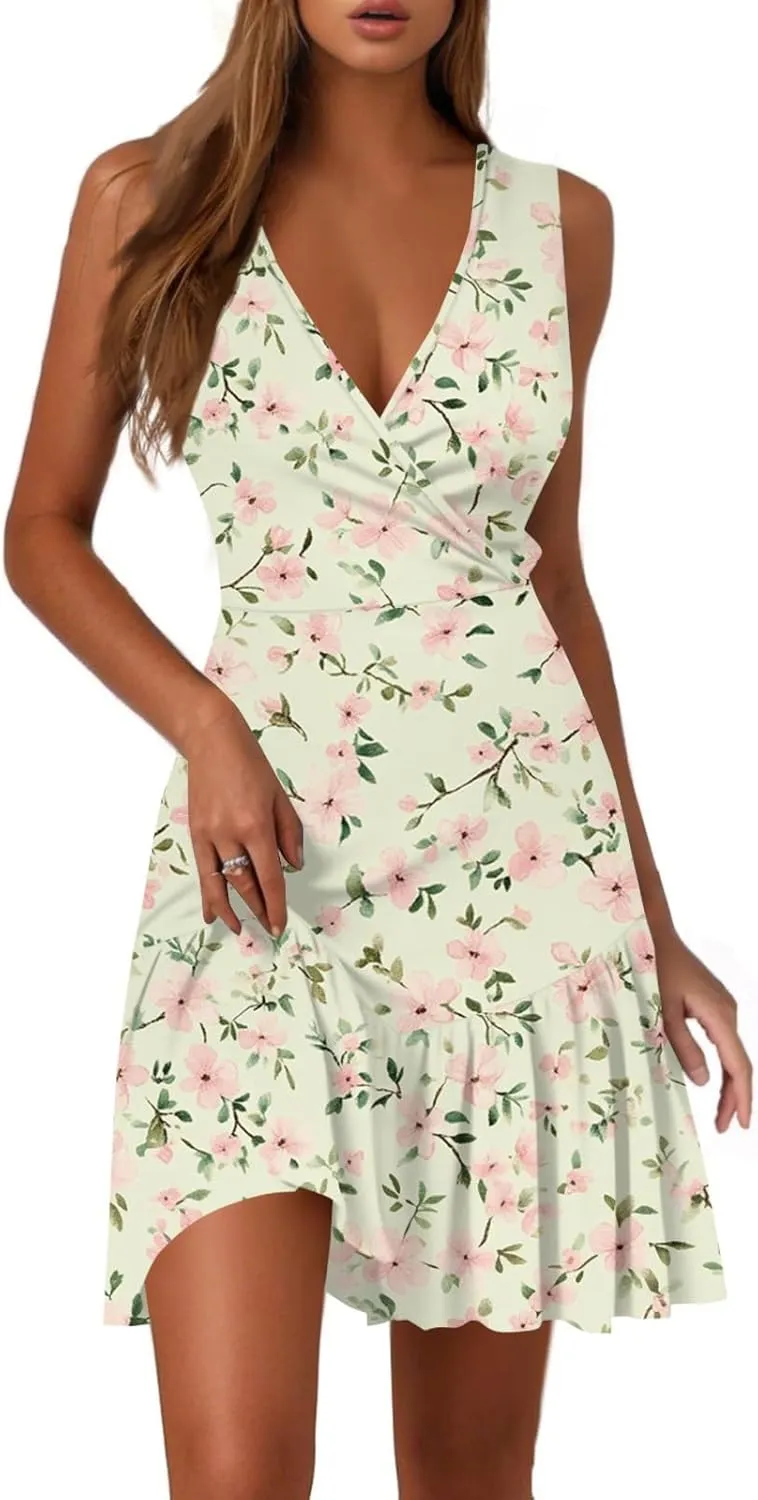 Boho V Neck Dresses for Women 2025 Summer A Line Floral Dress Short Wrap Sleeveless Party Cocktail Midi Sundress