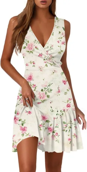 Boho V Neck Dresses for Women 2025 Summer A Line Floral Dress Short Wrap Sleeveless Party Cocktail Midi Sundress