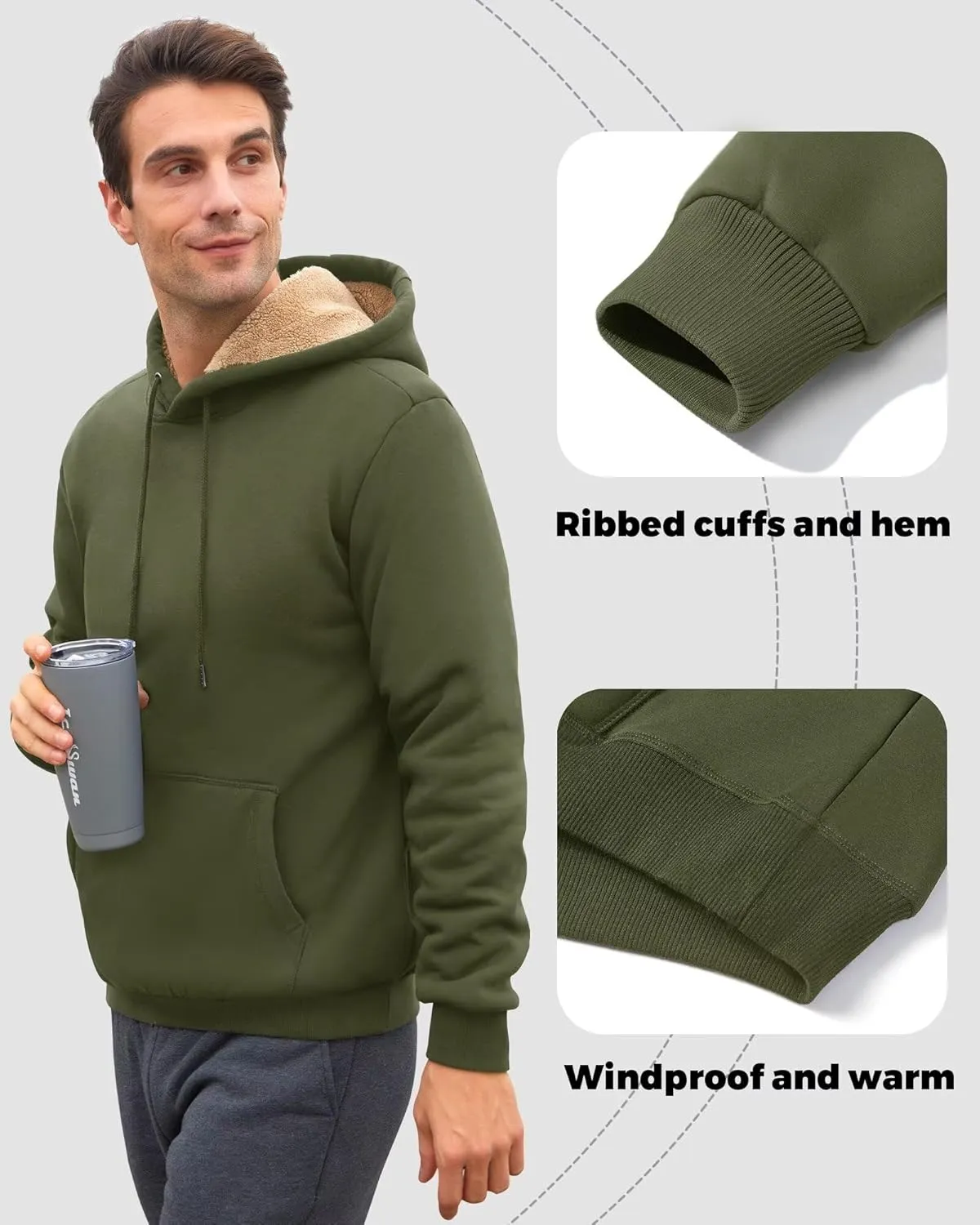 Boladeci Mens Sherpa Lined Hoodie Heavy Weight Cotton Winter Cold Weather Warm Fleece Thick Hooded Sweatshirts Pullover