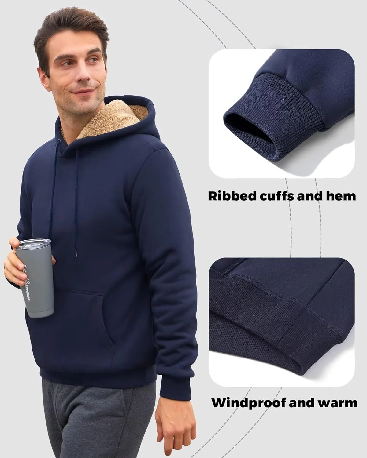 Boladeci Mens Sherpa Lined Hoodie Heavy Weight Cotton Winter Cold Weather Warm Fleece Thick Hooded Sweatshirts Pullover