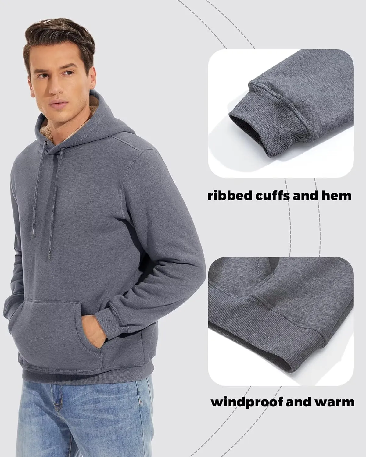 Boladeci Mens Sherpa Lined Hoodie Heavy Weight Cotton Winter Cold Weather Warm Fleece Thick Hooded Sweatshirts Pullover