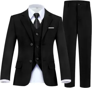 Boy's Suit Formal Slim Fit 5 Pieces Suit Set Blazer Vest Pants with Adjustable Waist Shirt with Tie
