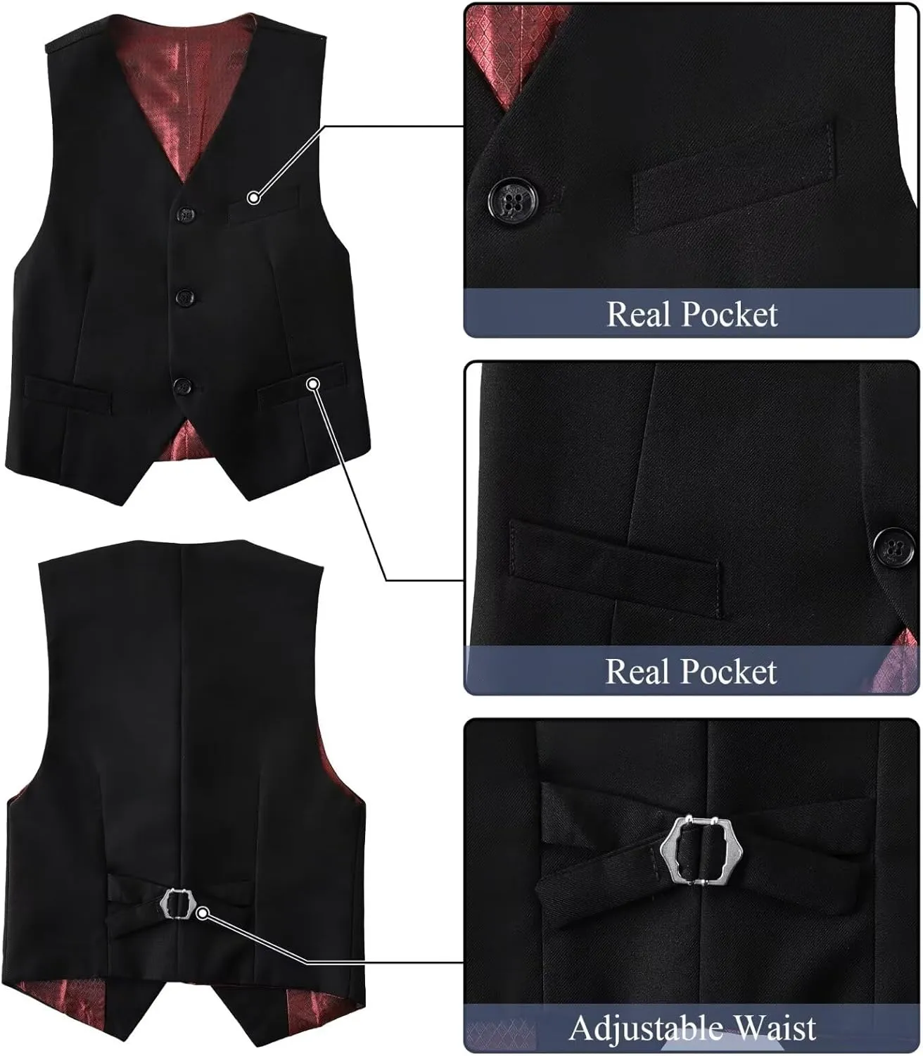 Boy's Suit Formal Slim Fit 5 Pieces Suit Set Blazer Vest Pants with Adjustable Waist Shirt with Tie