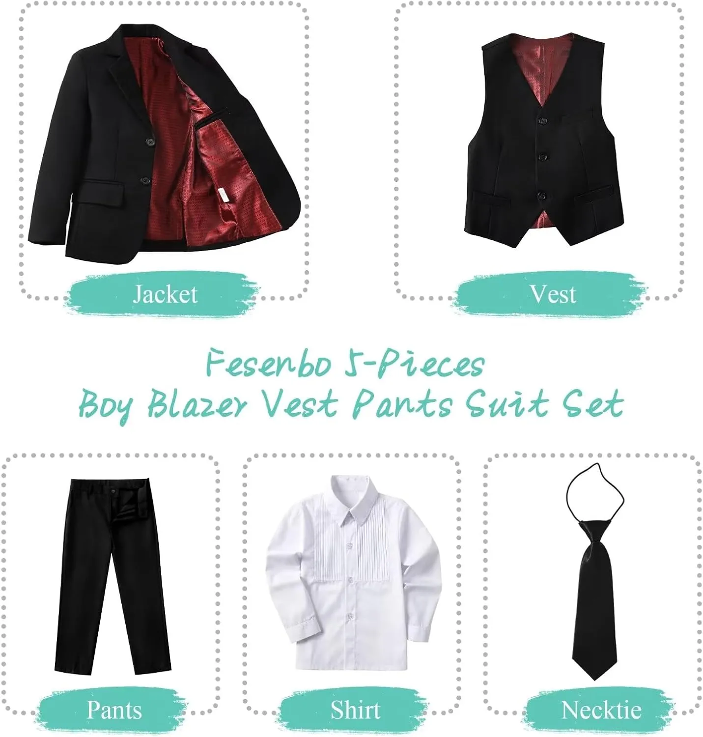 Boy's Suit Formal Slim Fit 5 Pieces Suit Set Blazer Vest Pants with Adjustable Waist Shirt with Tie