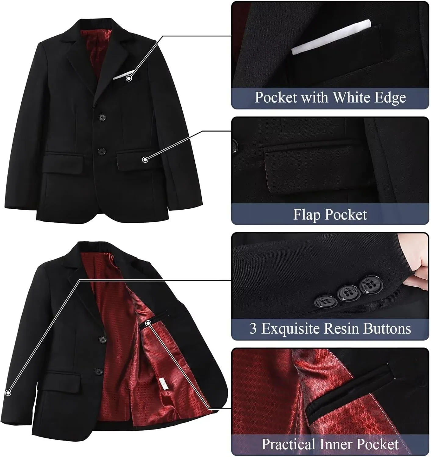 Boy's Suit Formal Slim Fit 5 Pieces Suit Set Blazer Vest Pants with Adjustable Waist Shirt with Tie