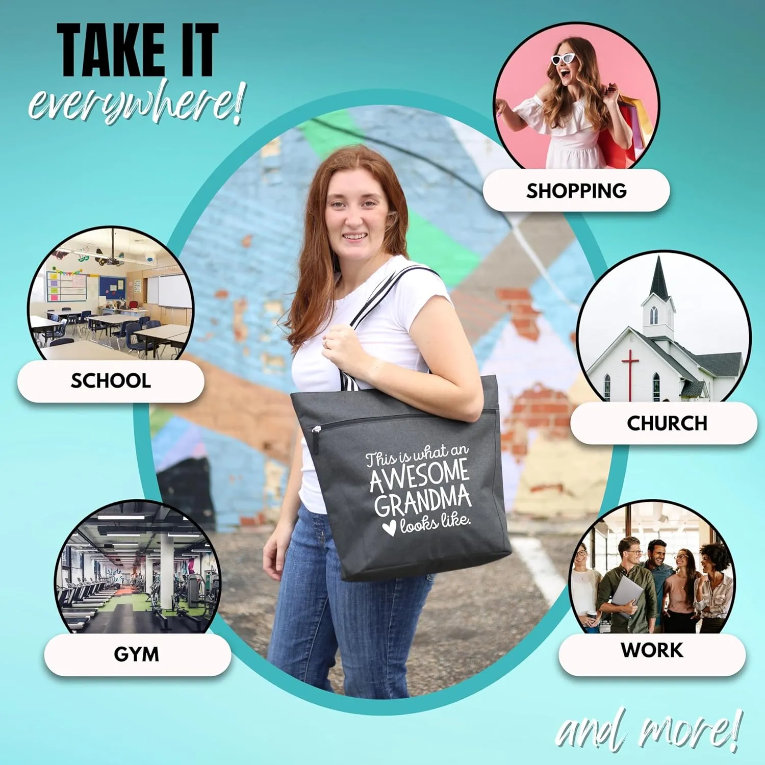 Brooke & Jess Designs Tote Bag for Grandma  Sturdy Canvas Grandma Tote w/Zipper & Inner Pocket Grandma Bag for Everyday Use