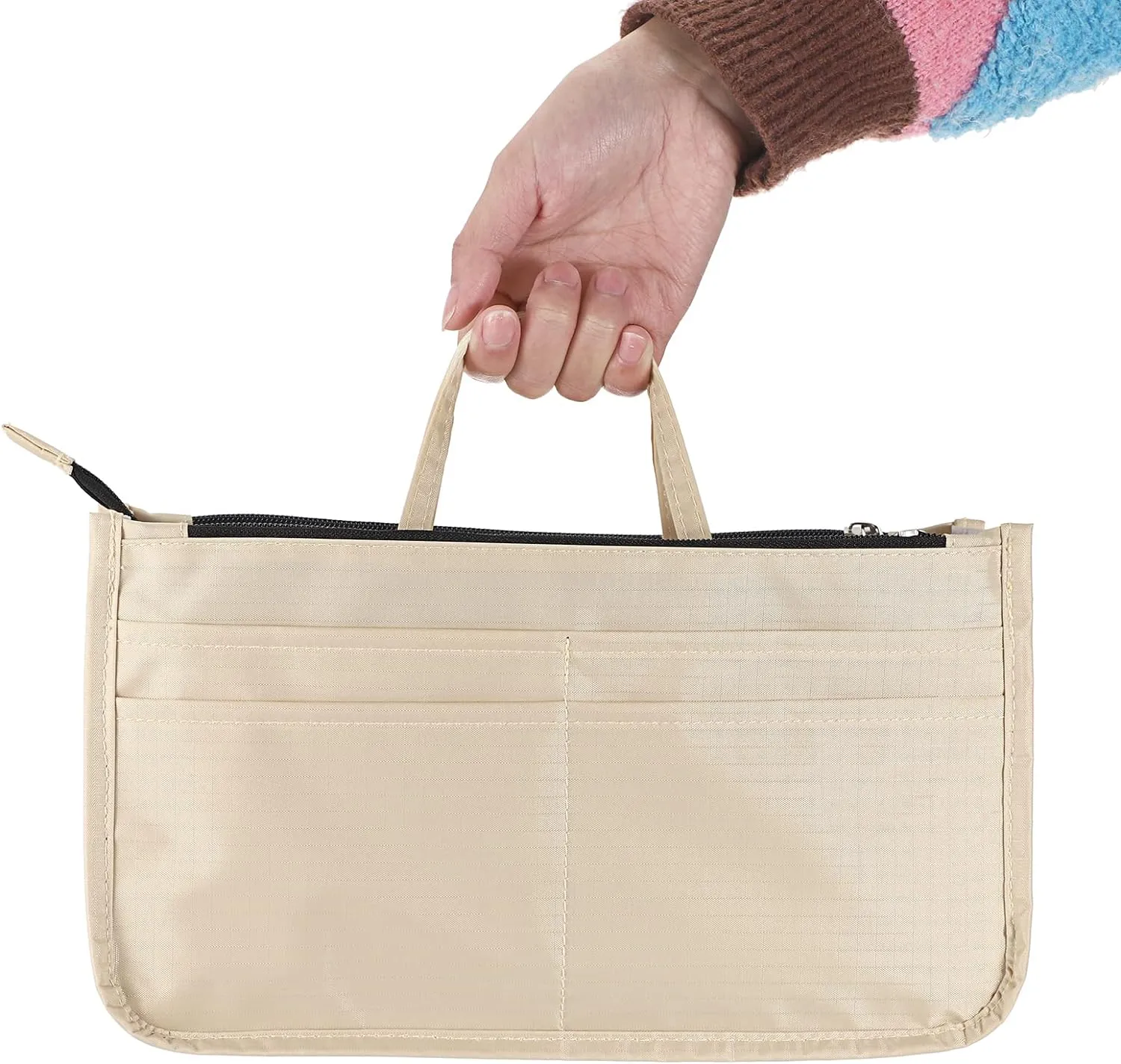 BTSKY Printing Handbag Organizers Inside Purse Insert - High Capacity 13 Pockets Bag Tote Organizer with Handle Beige