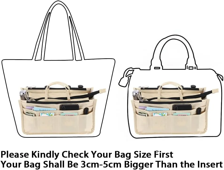 BTSKY Printing Handbag Organizers Inside Purse Insert - High Capacity 13 Pockets Bag Tote Organizer with Handle Beige