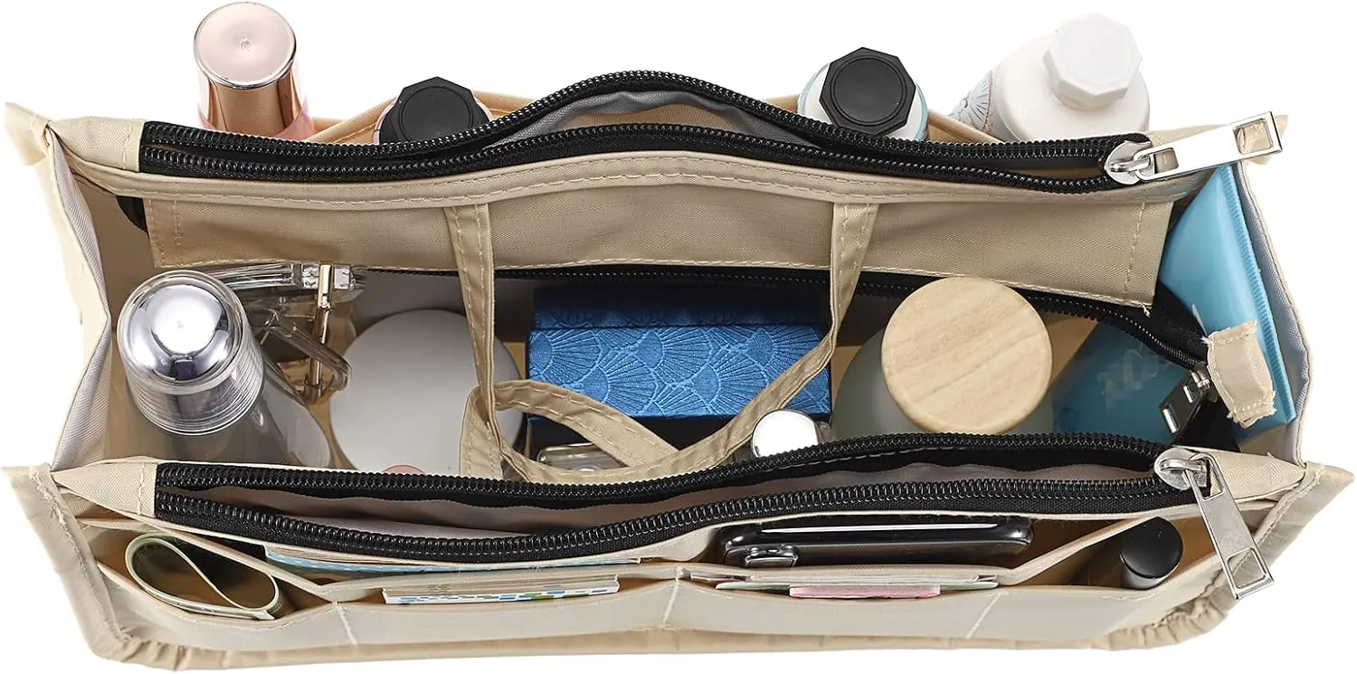 BTSKY Printing Handbag Organizers Inside Purse Insert - High Capacity 13 Pockets Bag Tote Organizer with Handle Beige