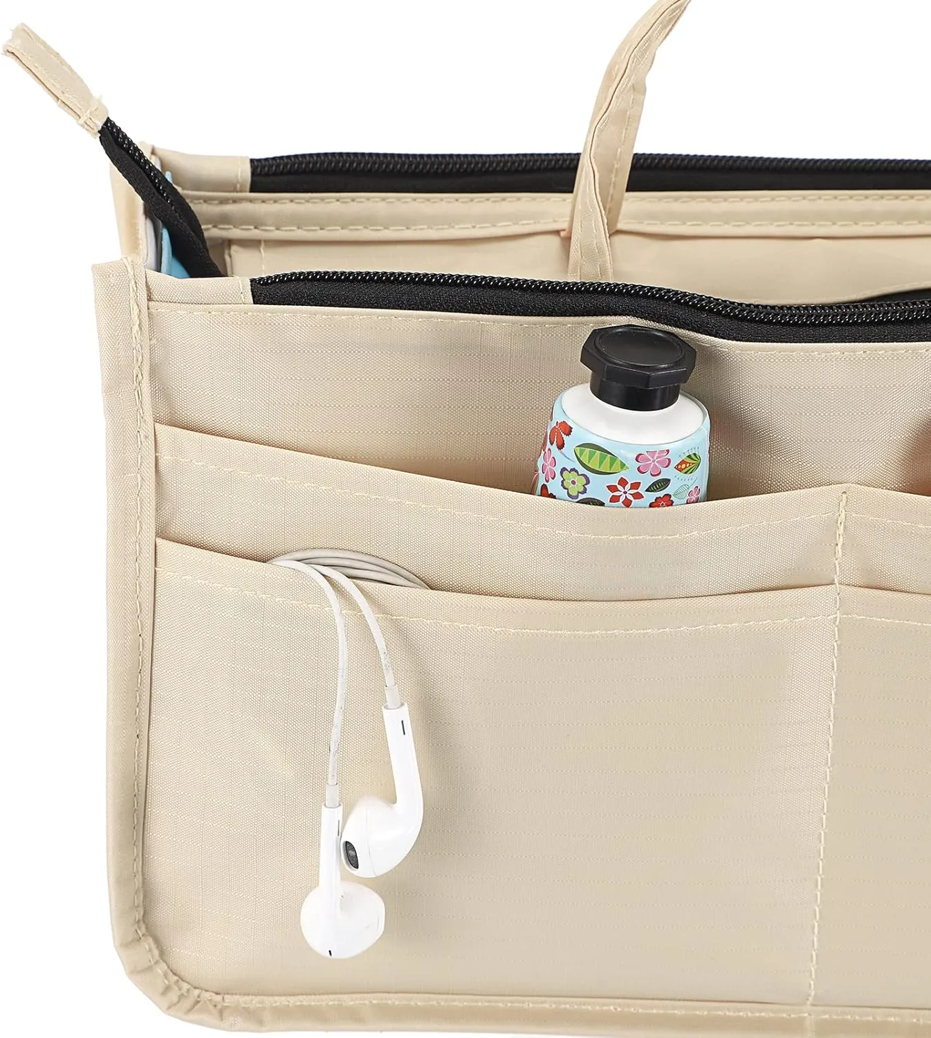 BTSKY Printing Handbag Organizers Inside Purse Insert - High Capacity 13 Pockets Bag Tote Organizer with Handle Beige