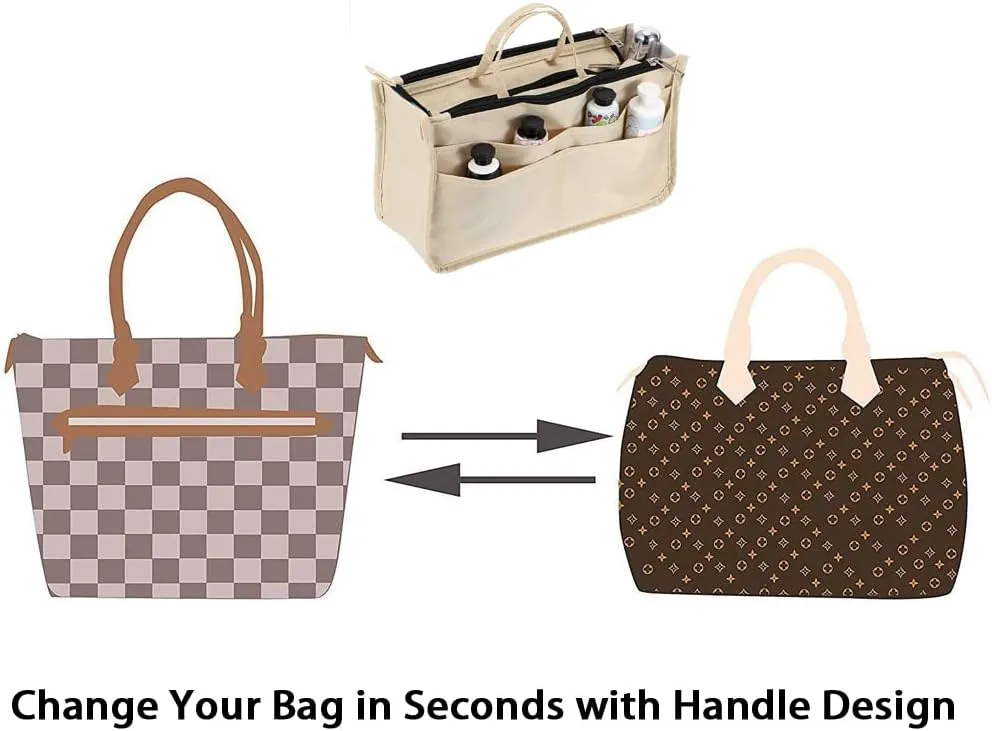 BTSKY Printing Handbag Organizers Inside Purse Insert - High Capacity 13 Pockets Bag Tote Organizer with Handle Beige