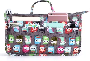 BTSKY Printing Handbag Organizers Inside Purse Insert - High Capacity 13 Pockets Bag Tote Organizer with Handle (Owl)