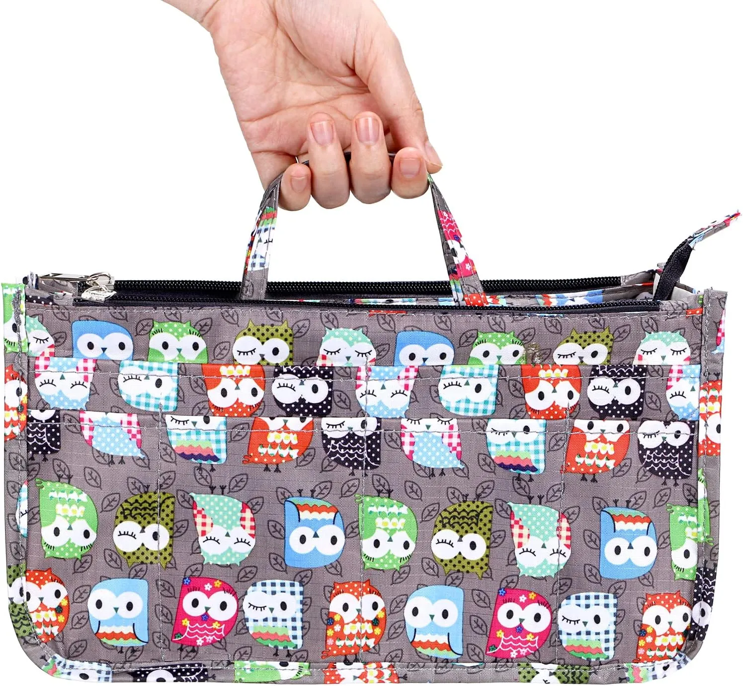 BTSKY Printing Handbag Organizers Inside Purse Insert - High Capacity 13 Pockets Bag Tote Organizer with Handle (Owl)