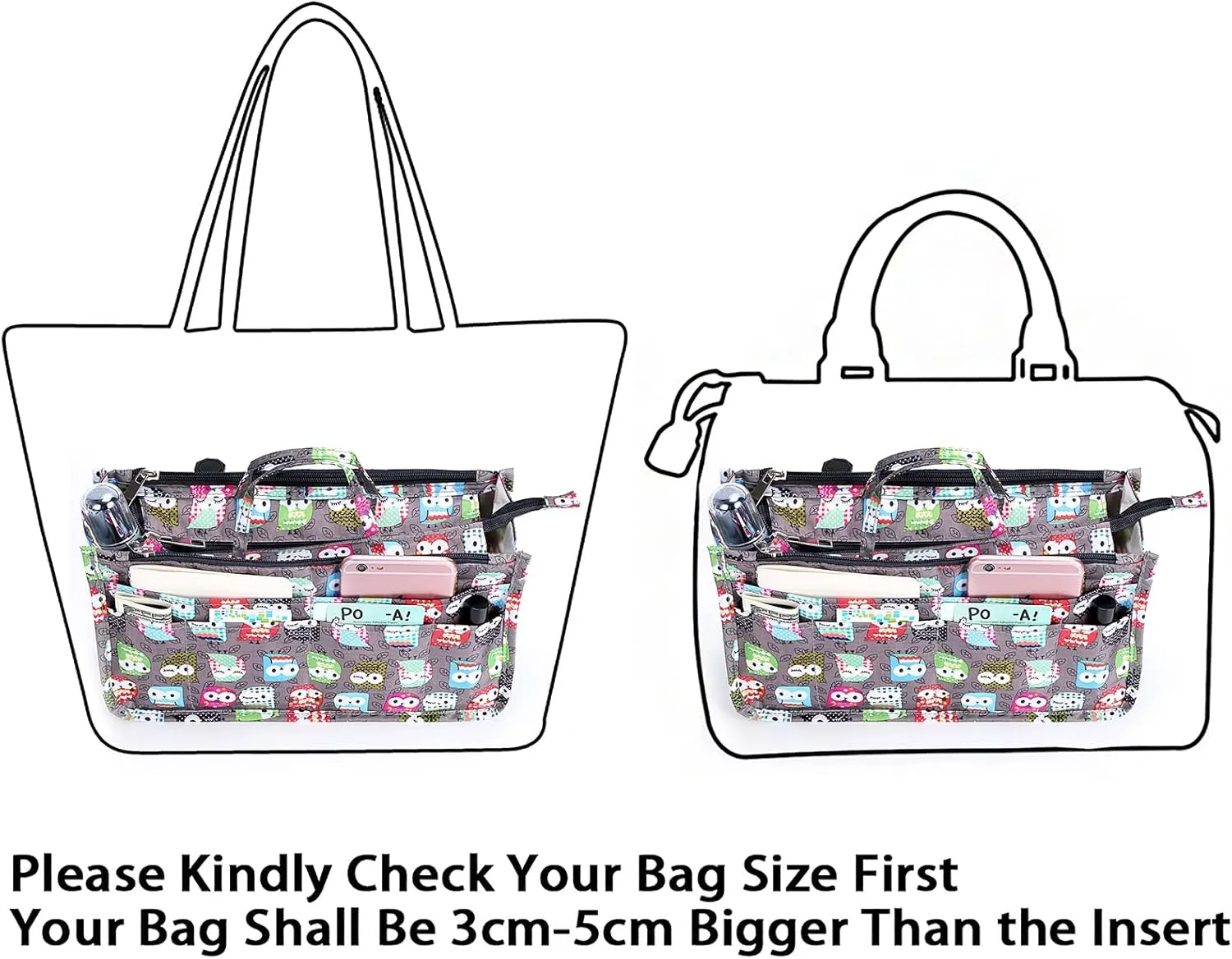 BTSKY Printing Handbag Organizers Inside Purse Insert - High Capacity 13 Pockets Bag Tote Organizer with Handle (Owl)