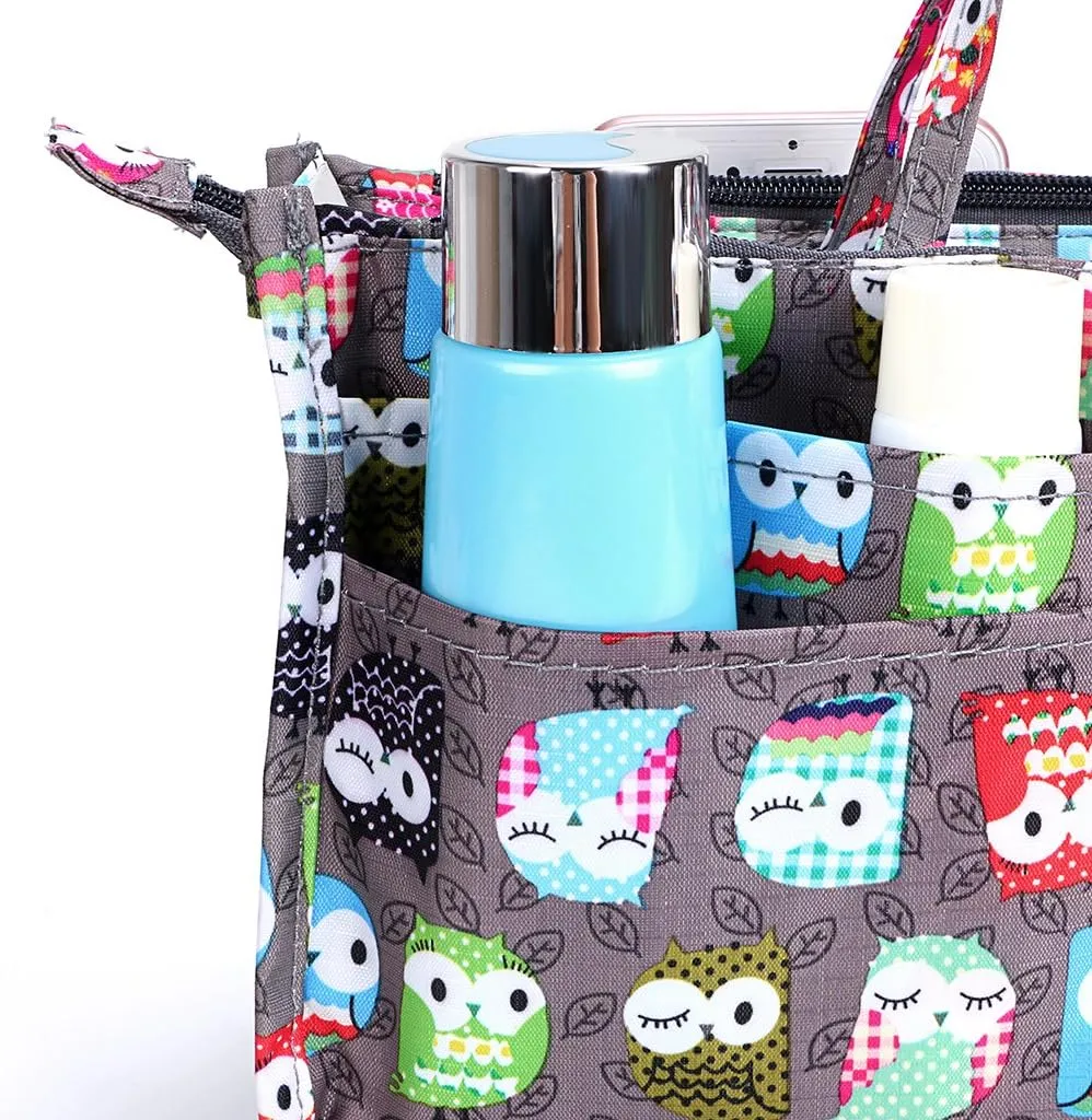 BTSKY Printing Handbag Organizers Inside Purse Insert - High Capacity 13 Pockets Bag Tote Organizer with Handle (Owl)