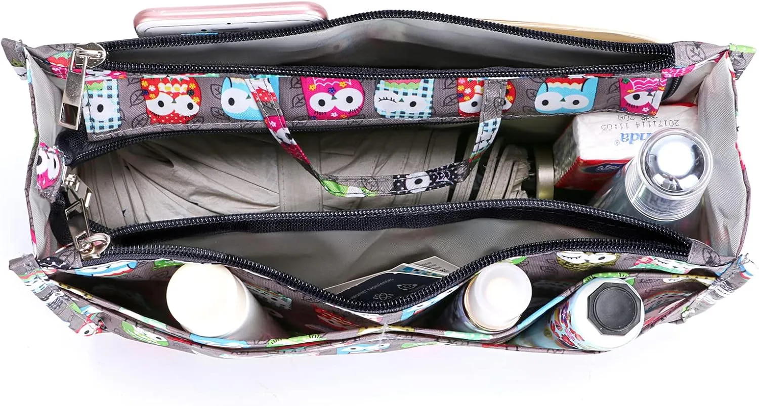 BTSKY Printing Handbag Organizers Inside Purse Insert - High Capacity 13 Pockets Bag Tote Organizer with Handle (Owl)