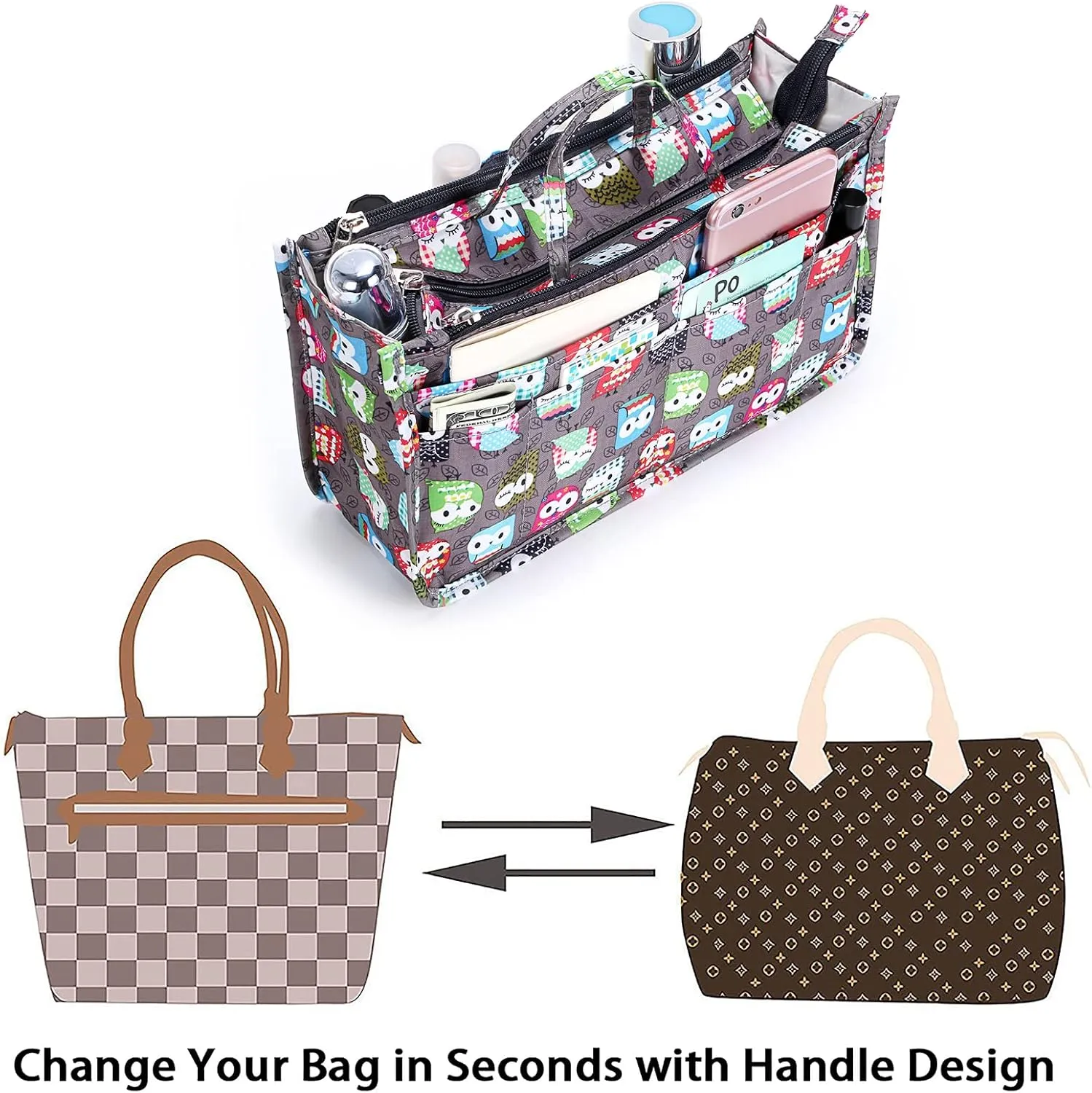 BTSKY Printing Handbag Organizers Inside Purse Insert - High Capacity 13 Pockets Bag Tote Organizer with Handle (Owl)