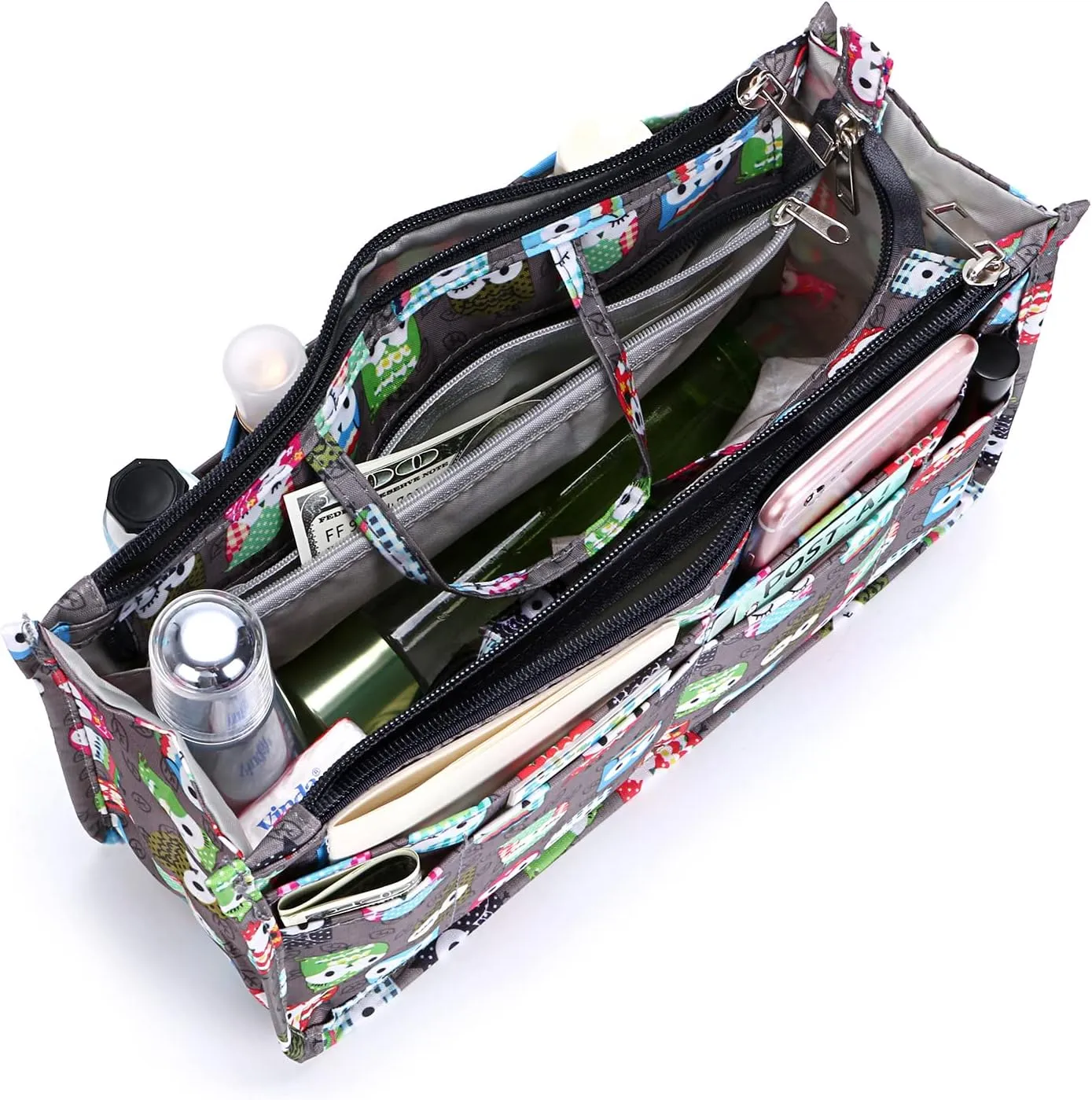 BTSKY Printing Handbag Organizers Inside Purse Insert - High Capacity 13 Pockets Bag Tote Organizer with Handle (Owl)