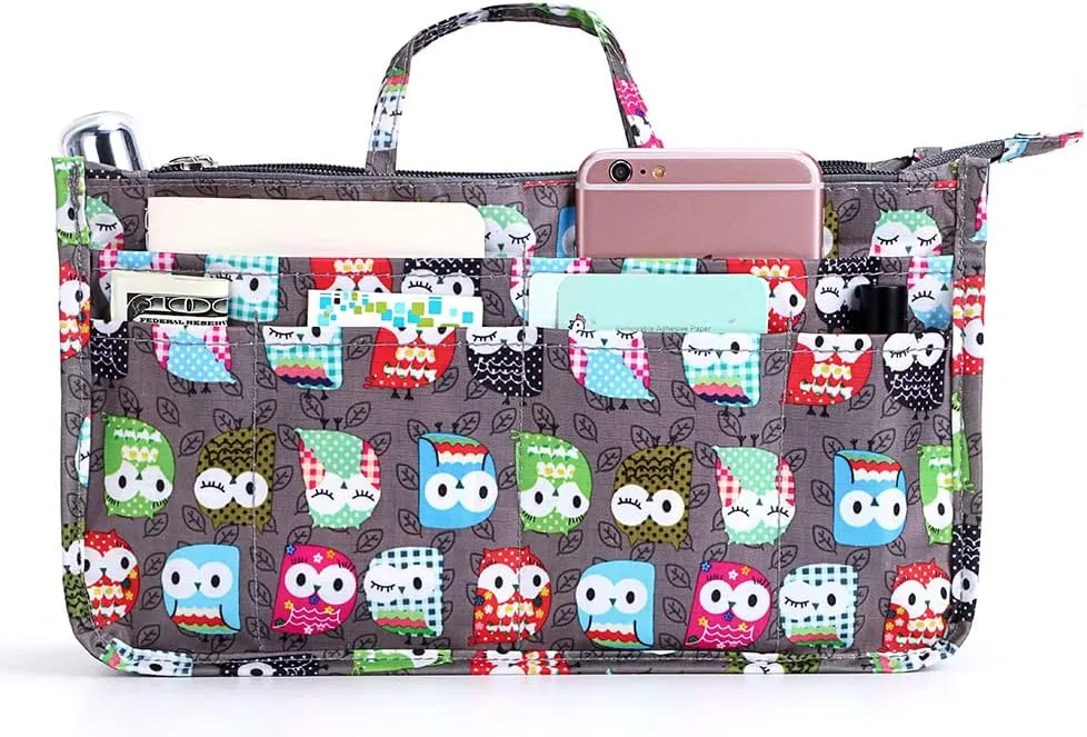BTSKY Printing Handbag Organizers Inside Purse Insert - High Capacity 13 Pockets Bag Tote Organizer with Handle (Owl)