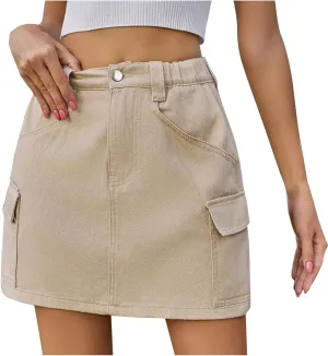 Cargo Skirt for Women High Waisted Button Mini Jean Skirt with Flap Pocket, Trendy Summer Bodycon Denim Short Skirts