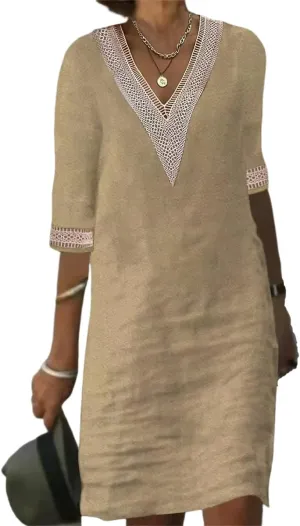Casual Cotton Linen Dress for Women Summer V Neck Lace Trim Half Sleeve Solid Loose Midi Dress