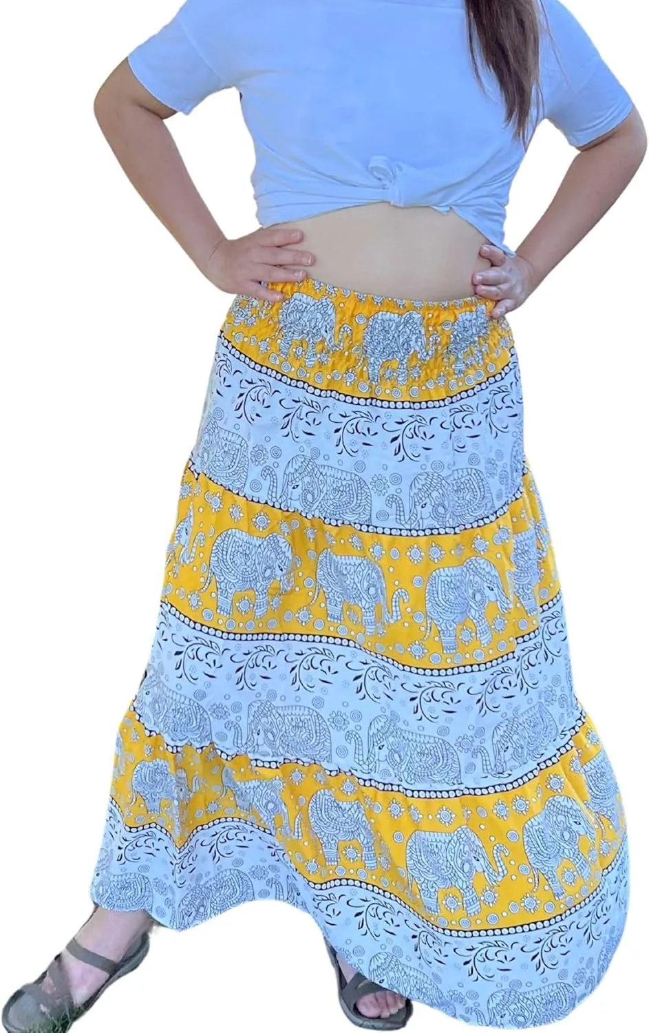 Casual Maxi High Waisted Lightweight Silky Soft Flowy Ruffle Cute Trendy Boho Hippy Long Skirts for Women, Elastic Waistband