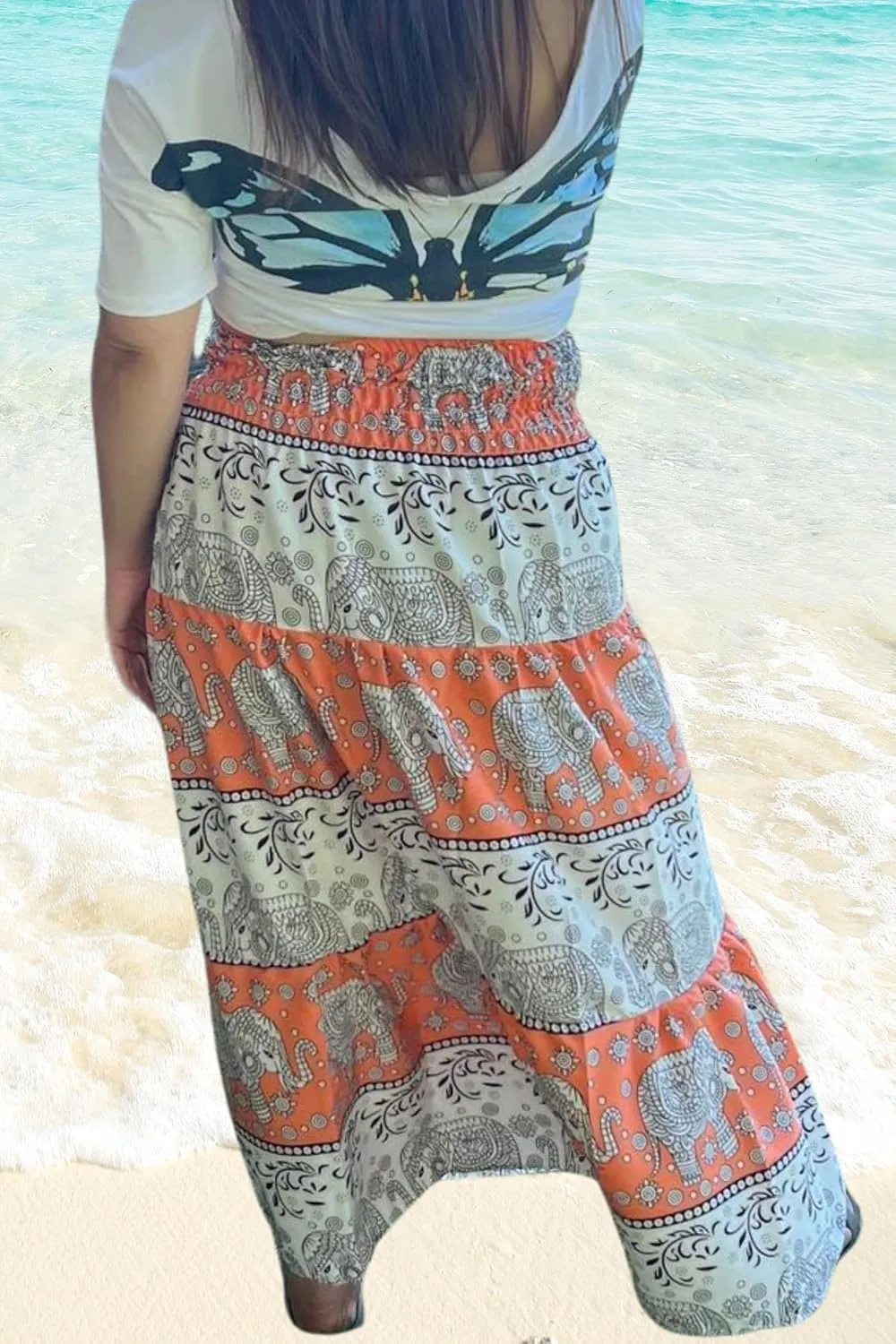 Casual Maxi High Waisted Lightweight Silky Soft Flowy Ruffle Cute Trendy Boho Hippy Long Skirts for Women, Elastic Waistband