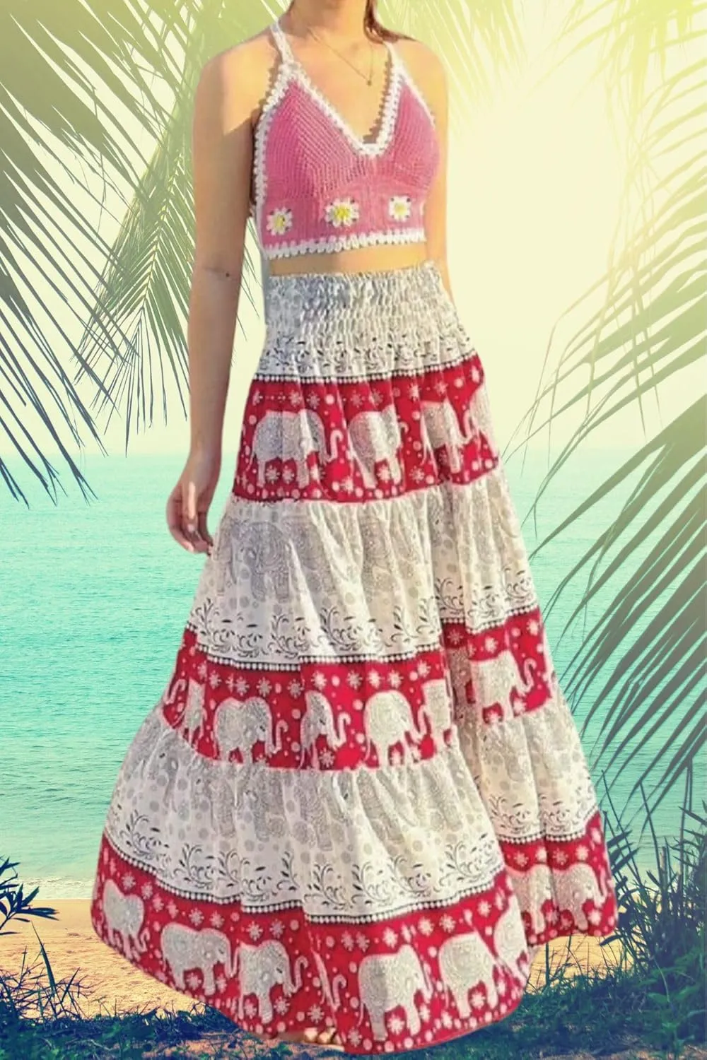 Casual Maxi High Waisted Lightweight Silky Soft Flowy Ruffle Cute Trendy Boho Hippy Long Skirts for Women, Elastic Waistband