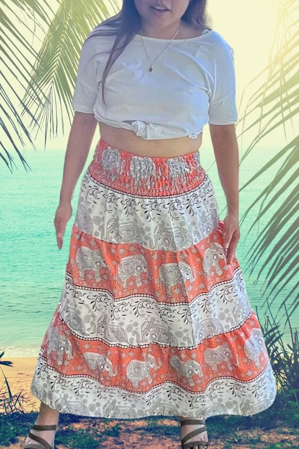 Casual Maxi High Waisted Lightweight Silky Soft Flowy Ruffle Cute Trendy Boho Hippy Long Skirts for Women, Elastic Waistband