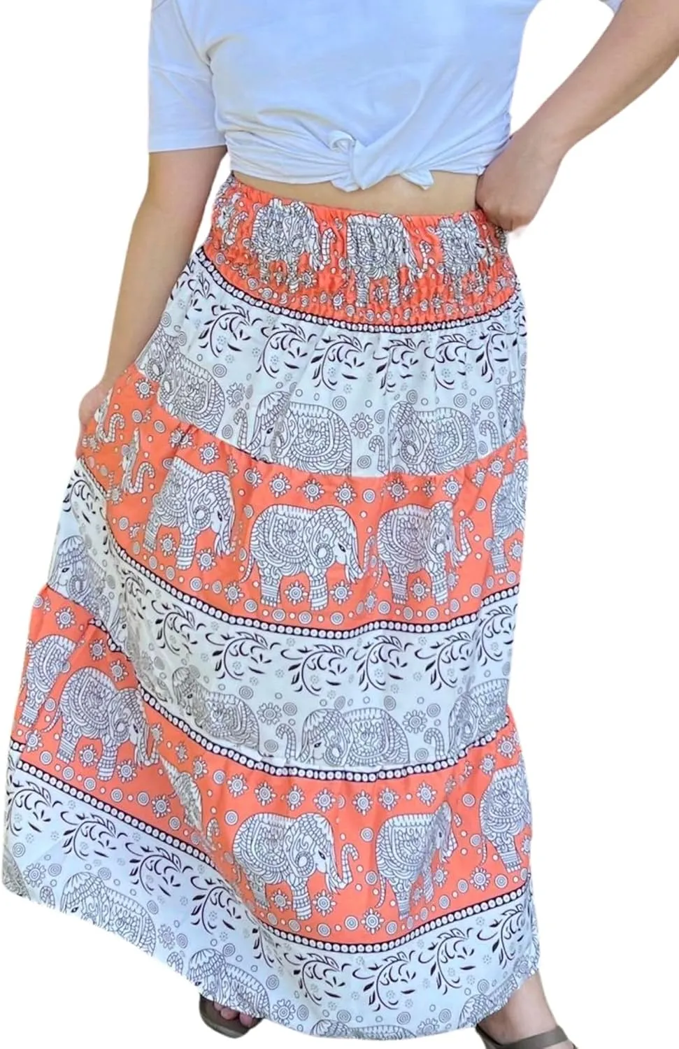 Casual Maxi High Waisted Lightweight Silky Soft Flowy Ruffle Cute Trendy Boho Hippy Long Skirts for Women, Elastic Waistband