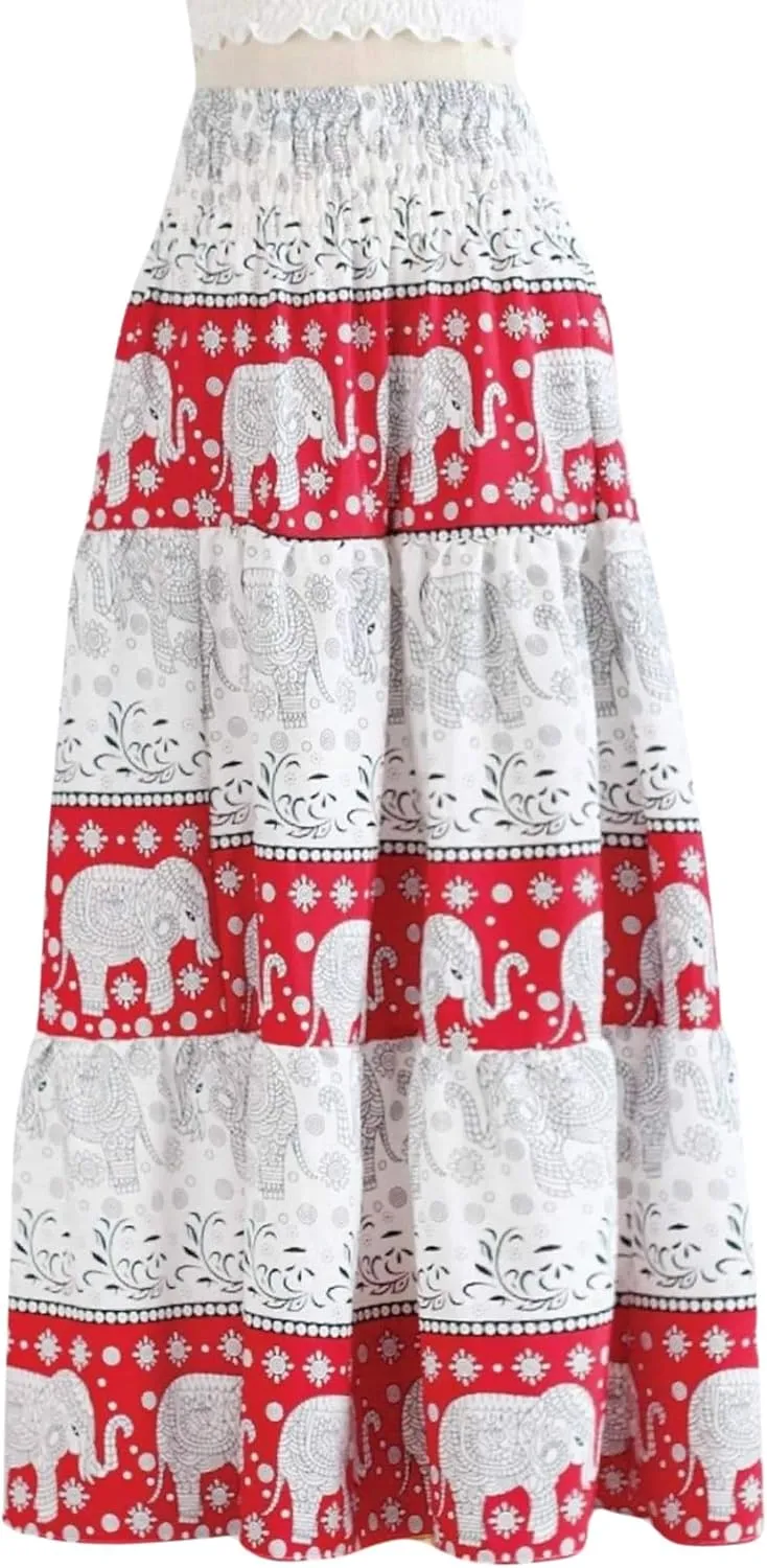 Casual Maxi High Waisted Lightweight Silky Soft Flowy Ruffle Cute Trendy Boho Hippy Long Skirts for Women, Elastic Waistband