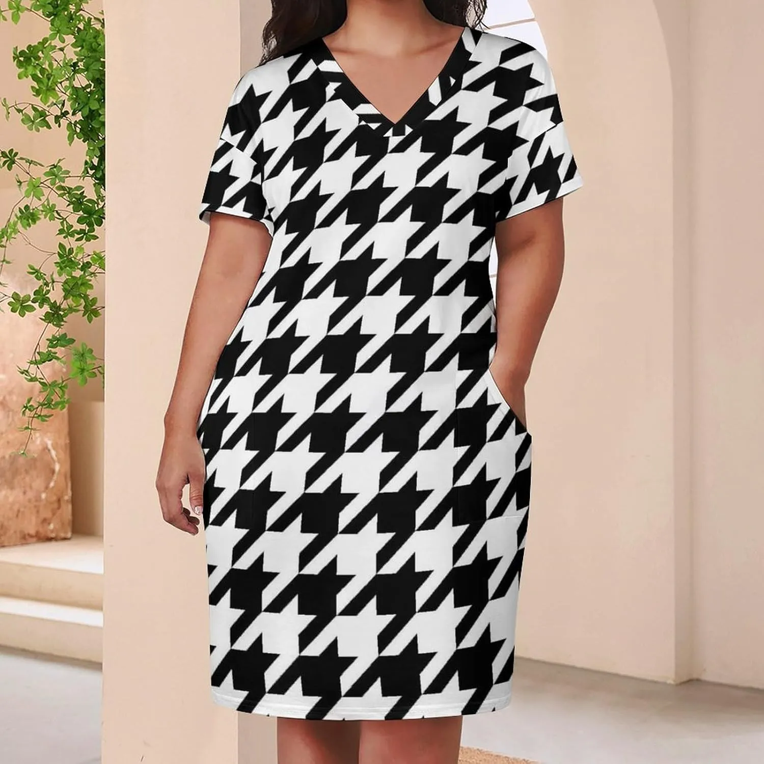 Casual Summer Comfy Dress for Women, Loose V Neck T Shirt Dress, Beach Short Sleeve Midi Dress with Pocket (S-5XL)