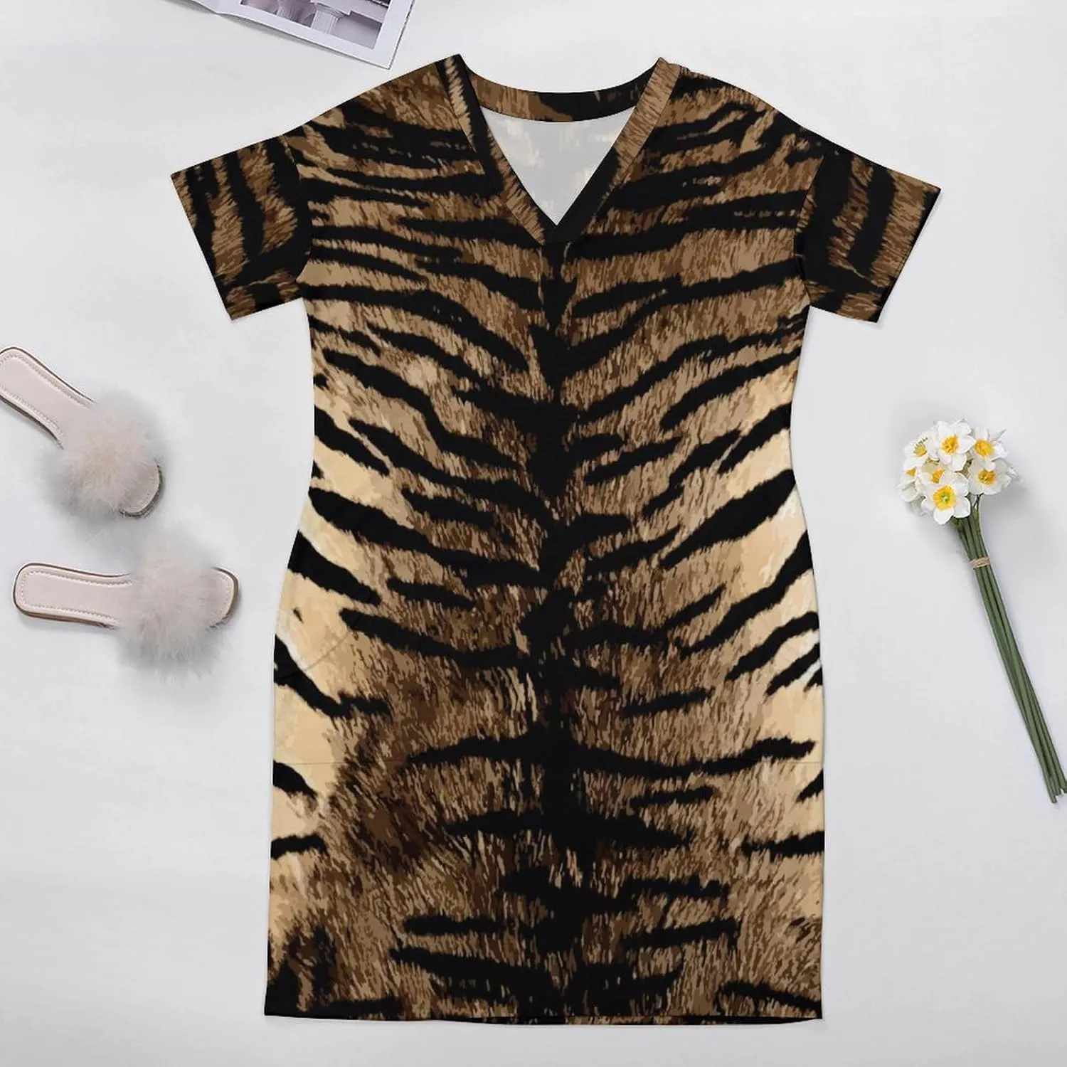 Casual Summer Comfy Dress for Women, Loose V Neck T Shirt Dress, Beach Short Sleeve Midi Dress with Pocket (S-5XL)